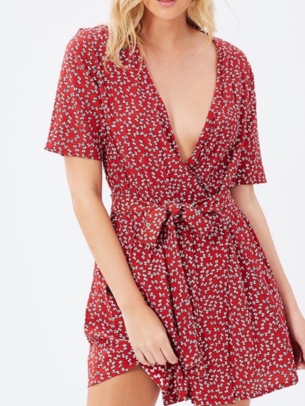 Faithfull the Brand Rust Red Bow Print Tie-Waist Mini Dress